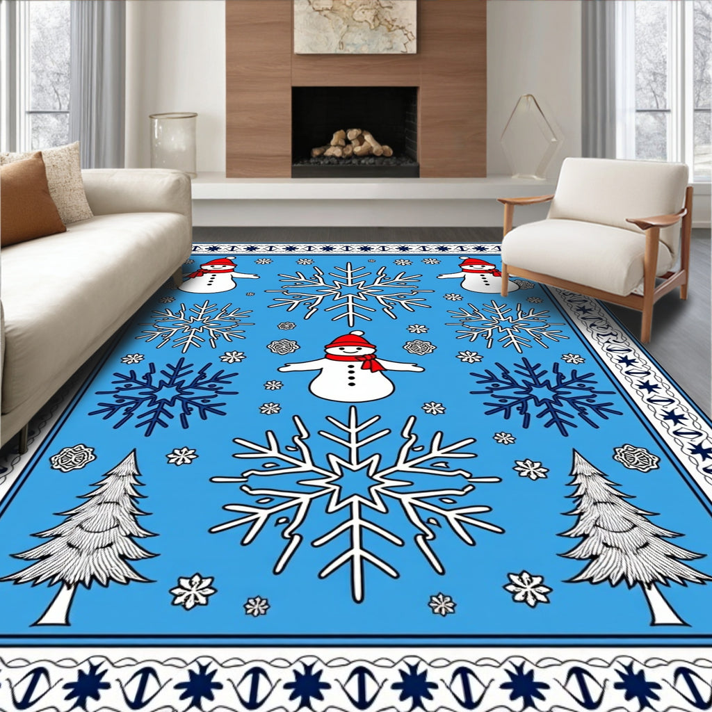 Blue Snowman Snowflake Evergreen Tree Rug