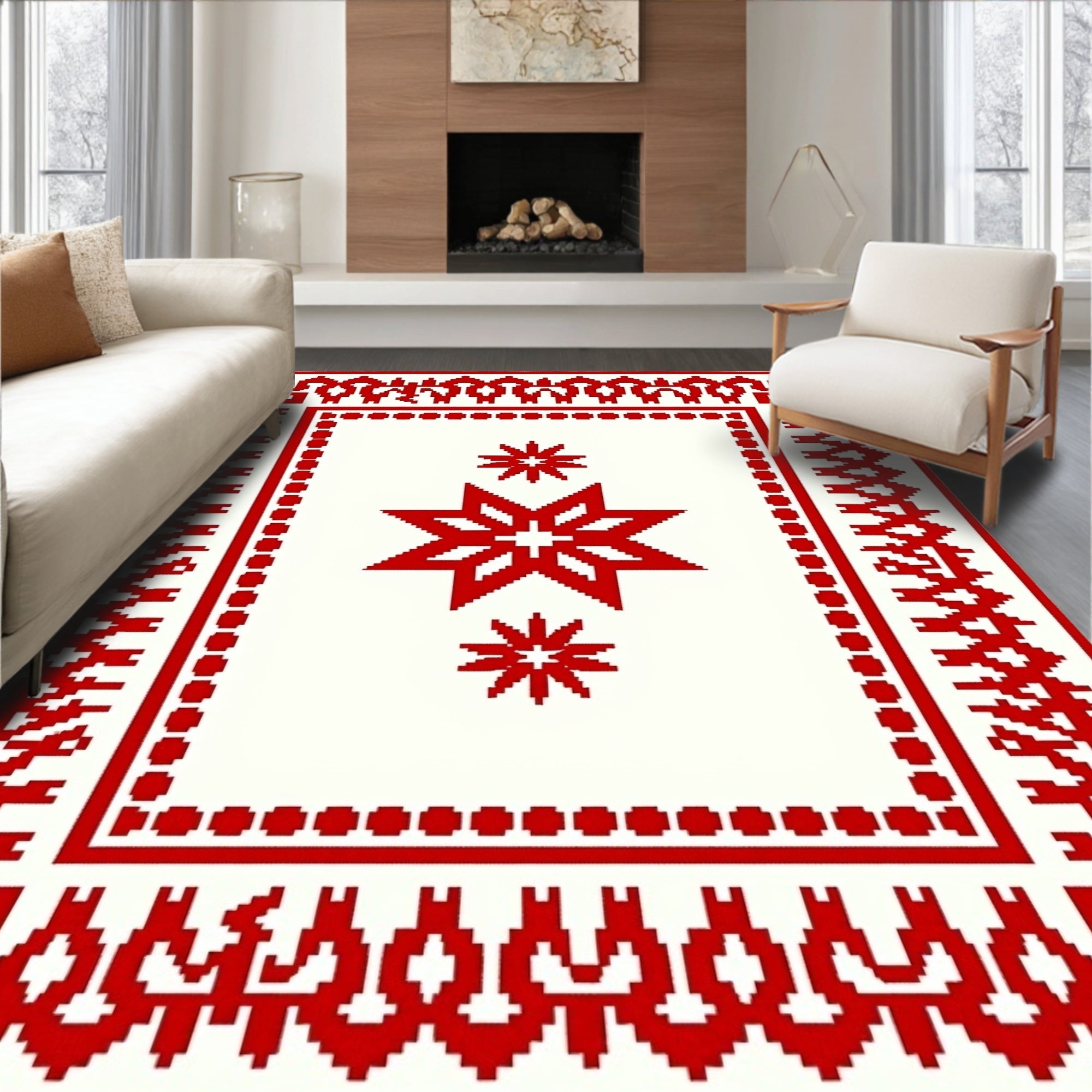Crimson Star Bordered Center Rug