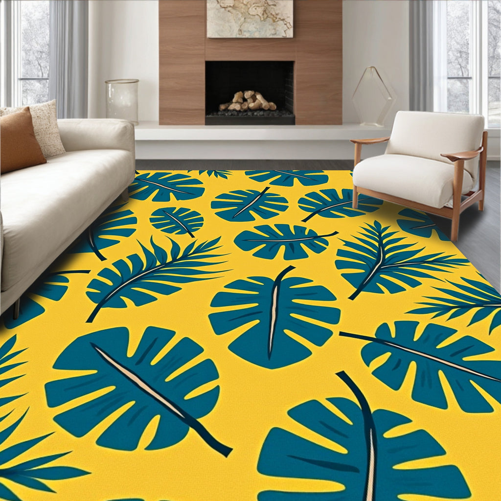 Teal Tropical Leaves on Yellow Background Rug