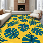 Teal Tropical Leaves on Yellow Background Rug