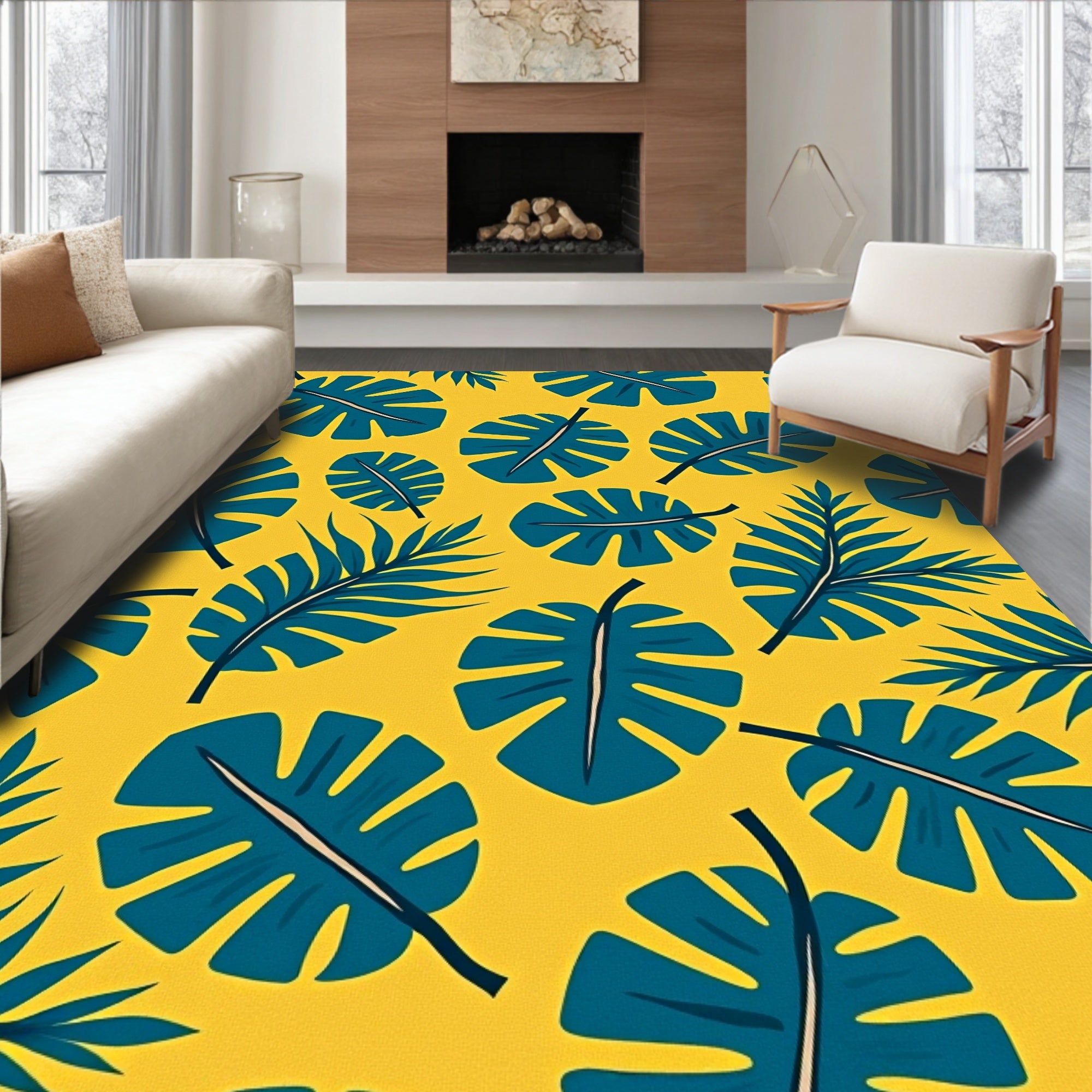 Teal Tropical Leaves on Yellow Background Rug