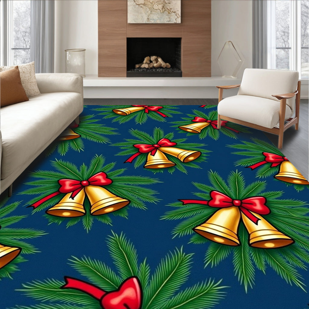 Golden Rings Christmas Bells and Pine Rug