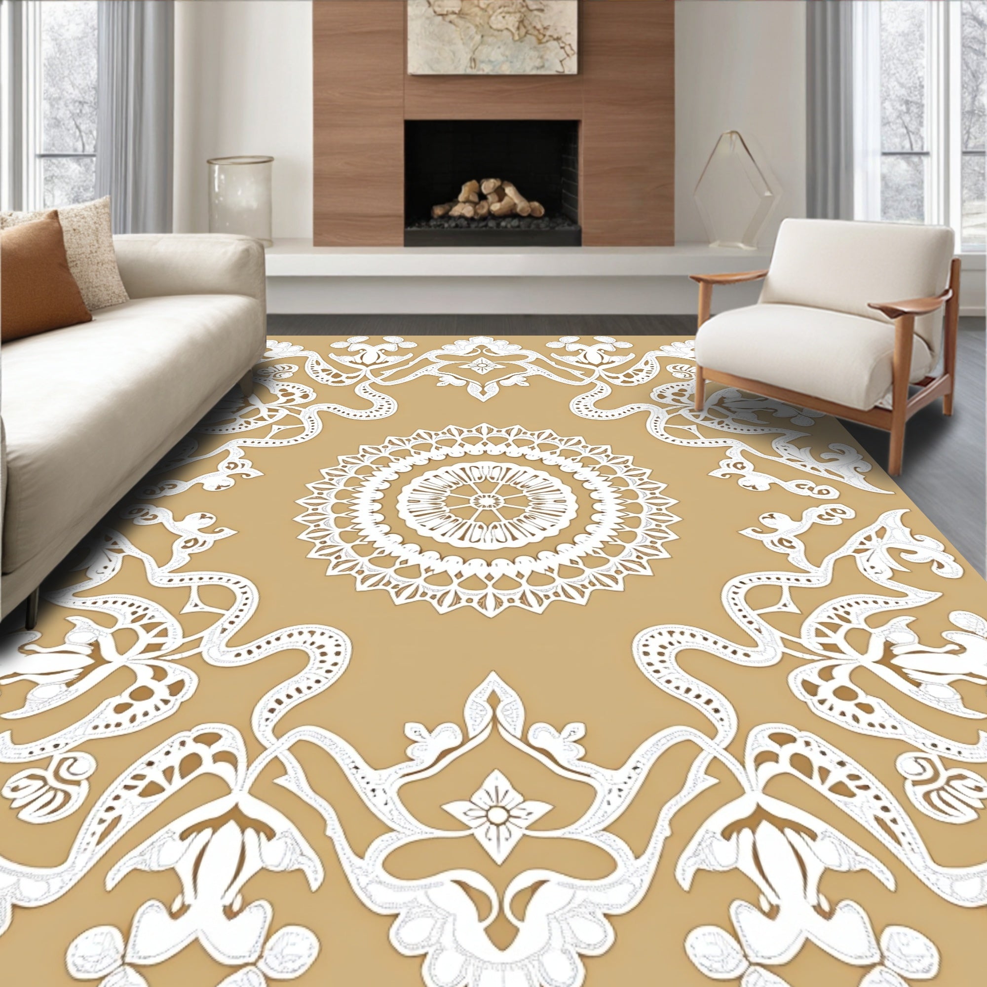 Ornate White Floral Lace Medallion Rug