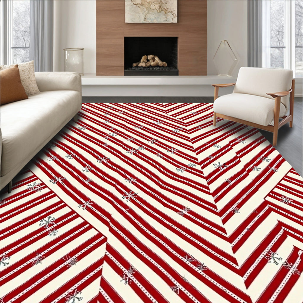 Red Cream Snowflake Chevron Stripes Rug