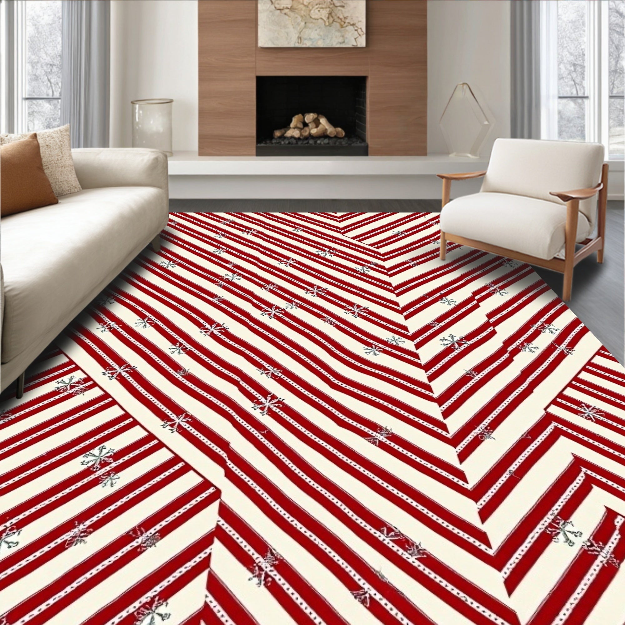 Red Cream Snowflake Chevron Stripes Rug
