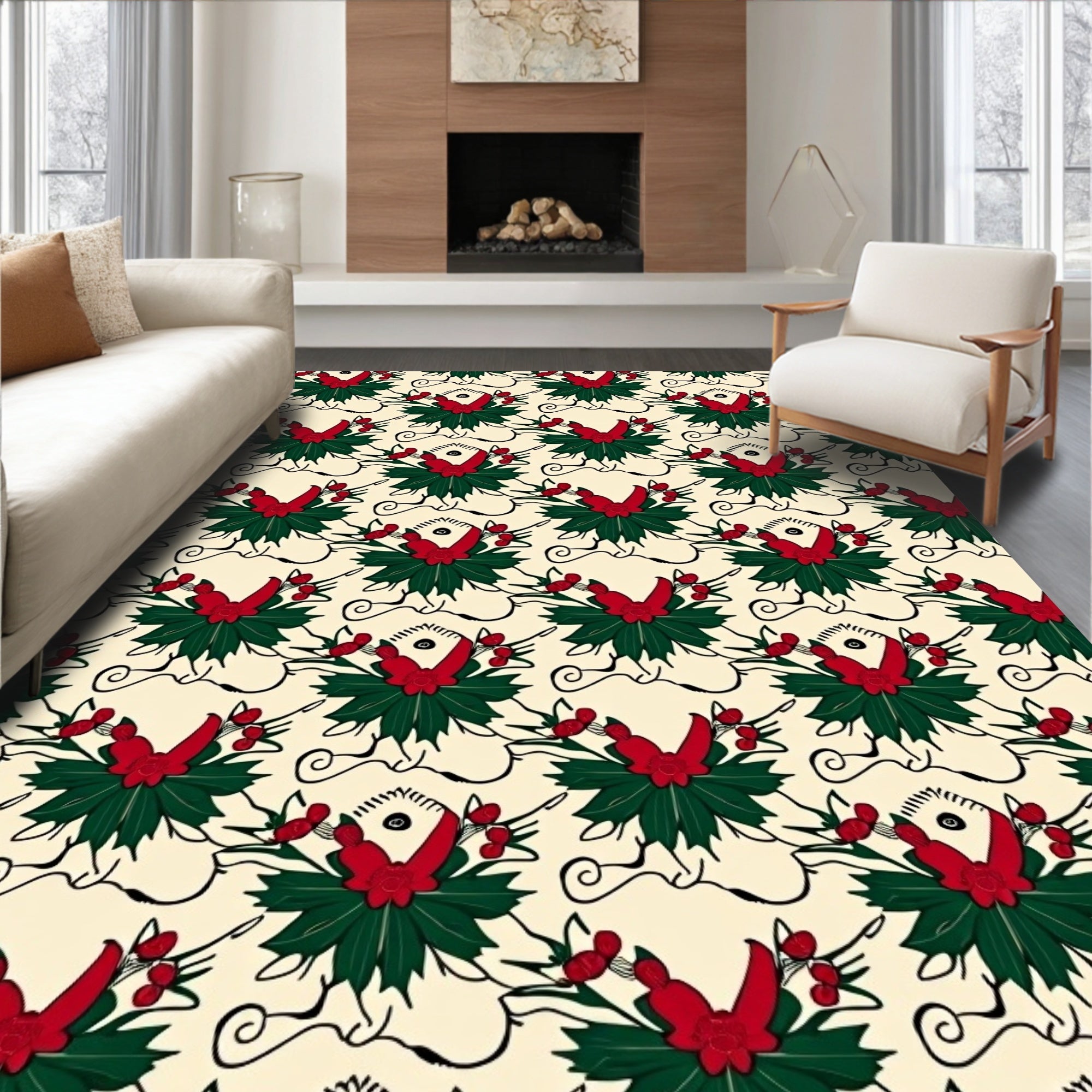 Cream Red Green Holly Berry Garland Rug