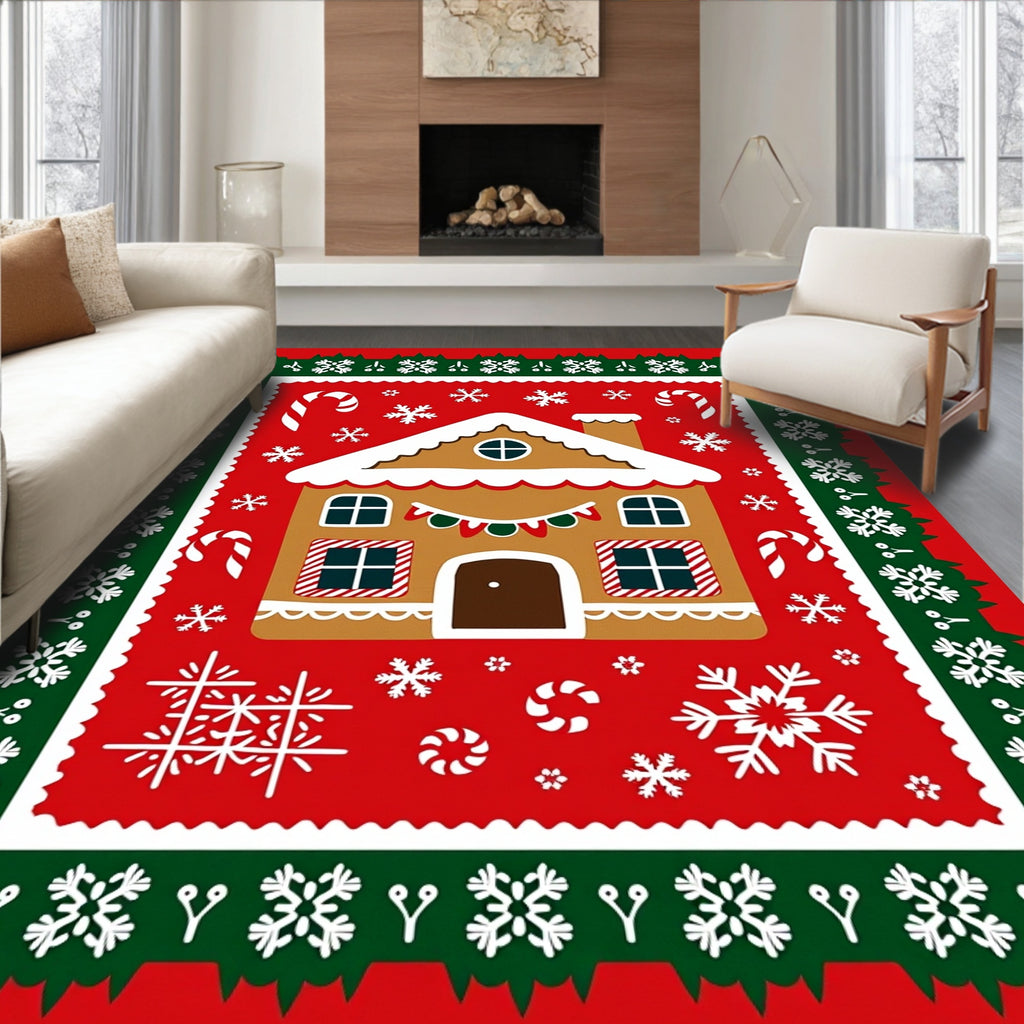 Christmas Gingerbread House Snowflake Border Rug