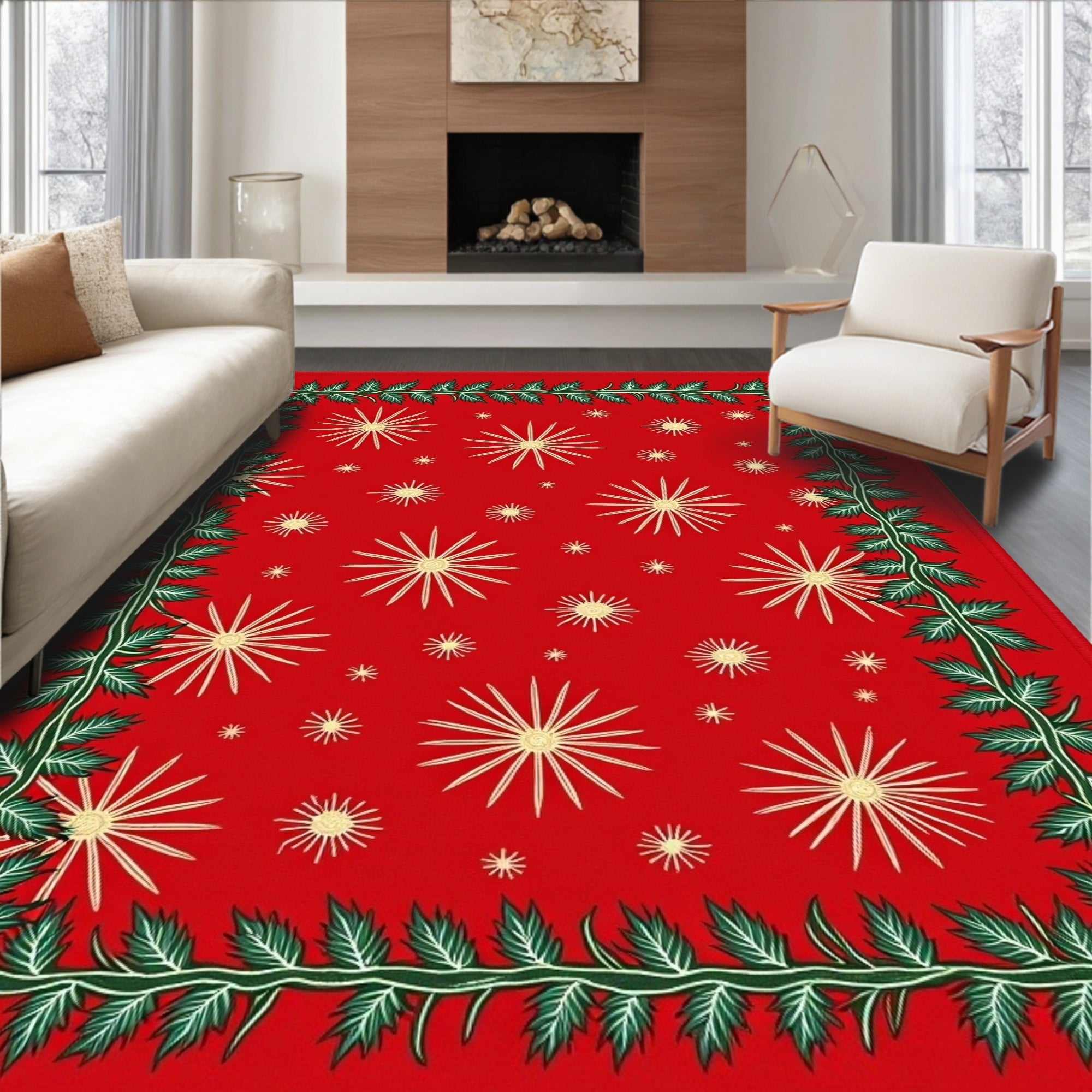 Red Starburst And Holly Border Rug