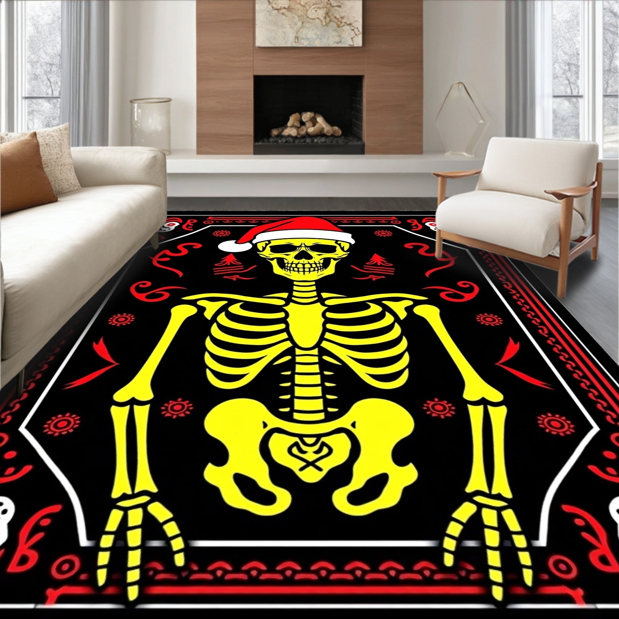Yellow Skeleton Christmas Black Rug