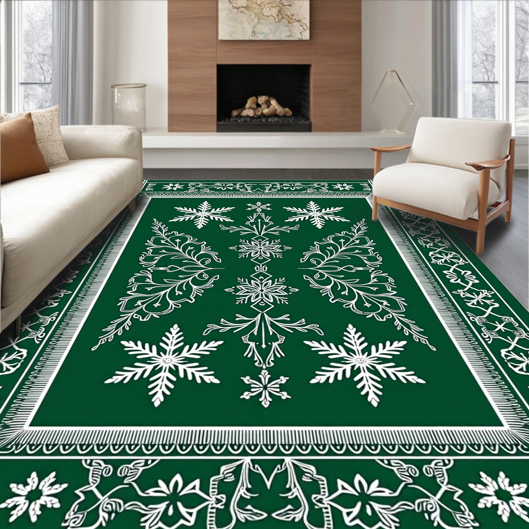Emerald Green Snowflake Art Deco Rug