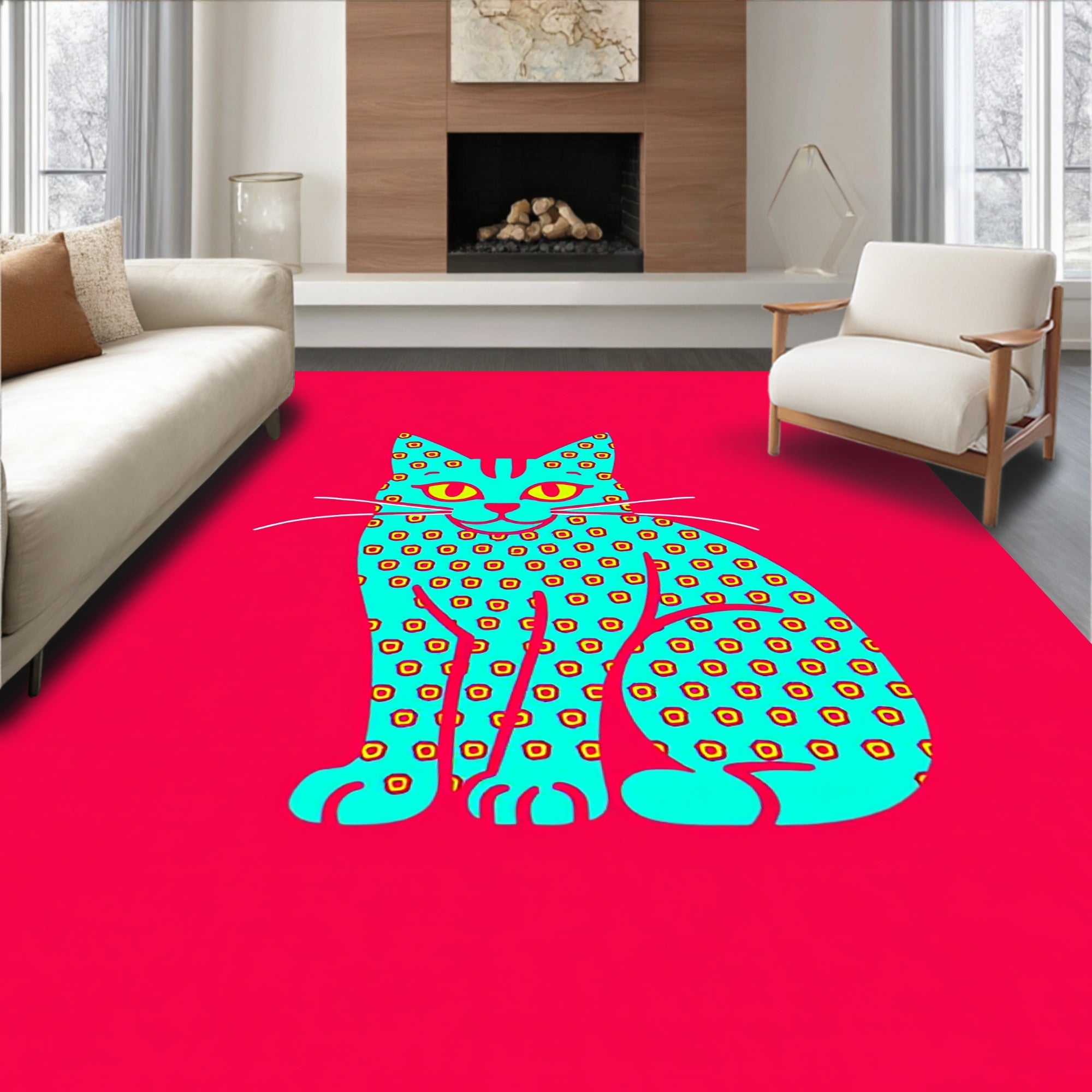 Aqua Cat with Yellow Dot Halo Rug