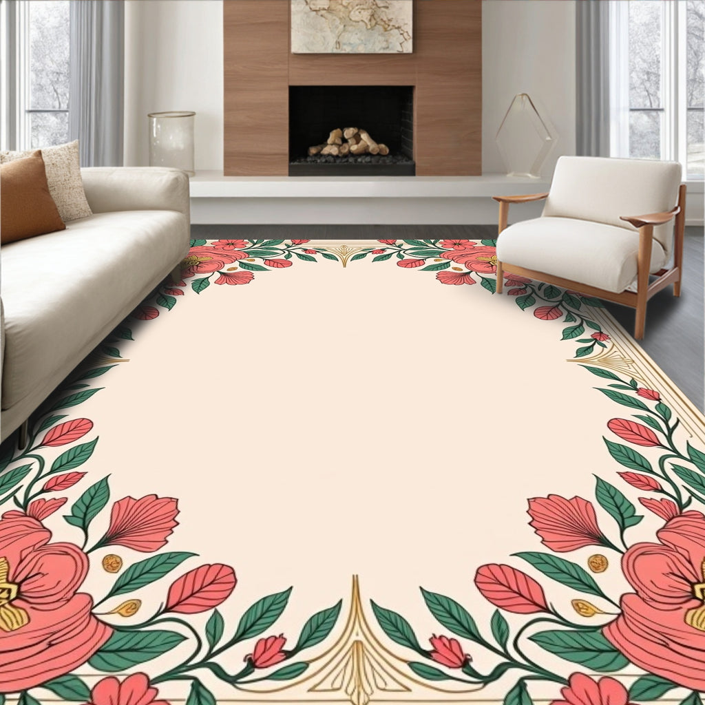 Coral Floral Garland Gold Frame Rug