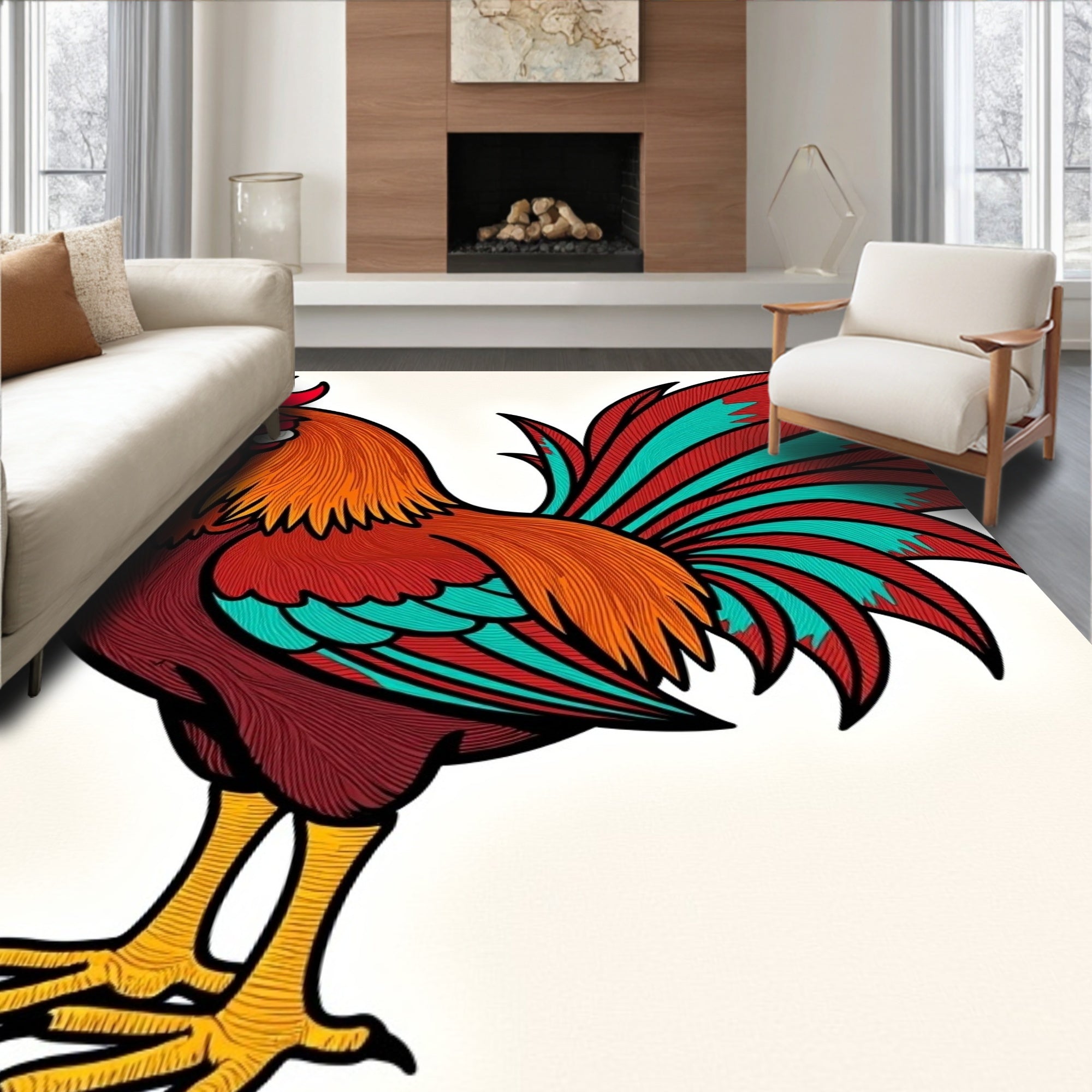 Fiery Rooster Red Teal Feathered Rug