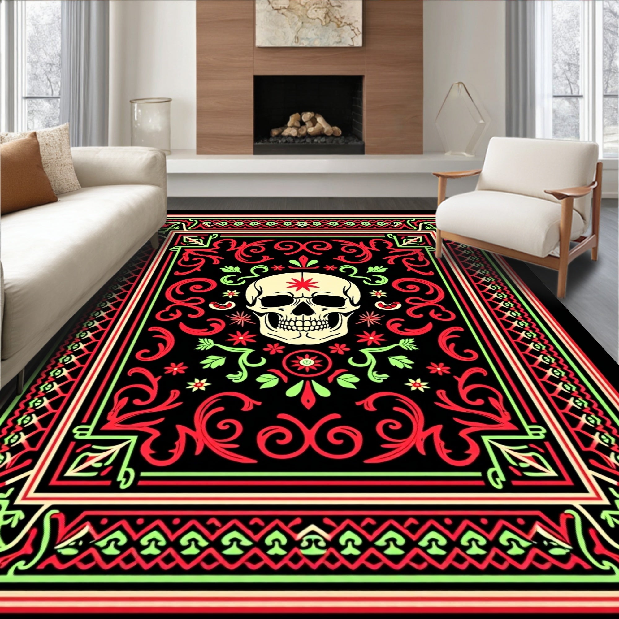 Vibrant Skull Floral Border Rug
