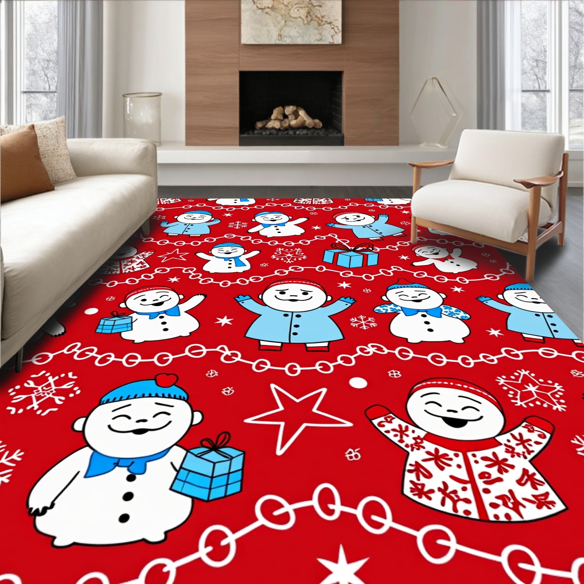 Cheerful Red Snowman Garland Christmas Rug