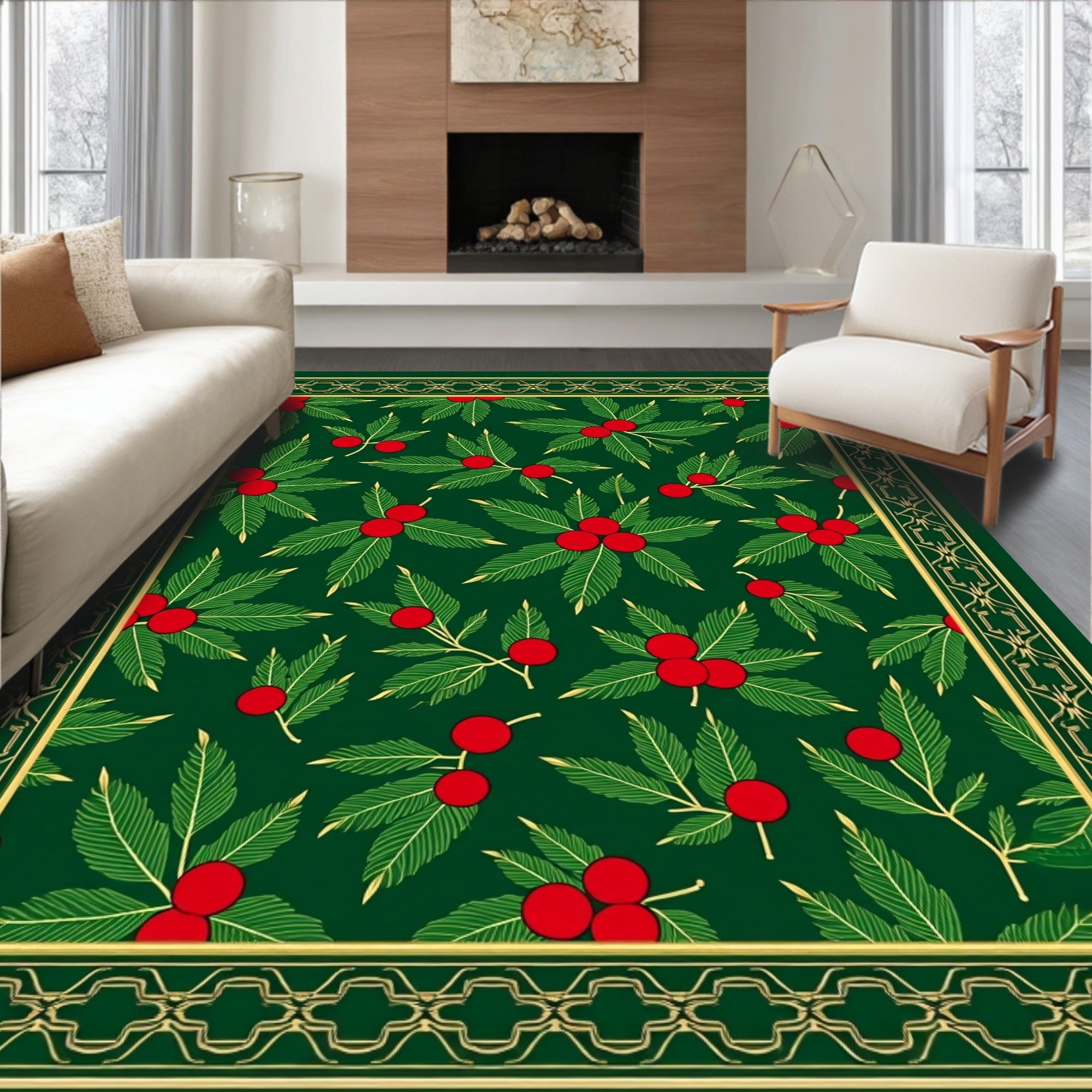 Festive Holly Berry Leaf Border Rug