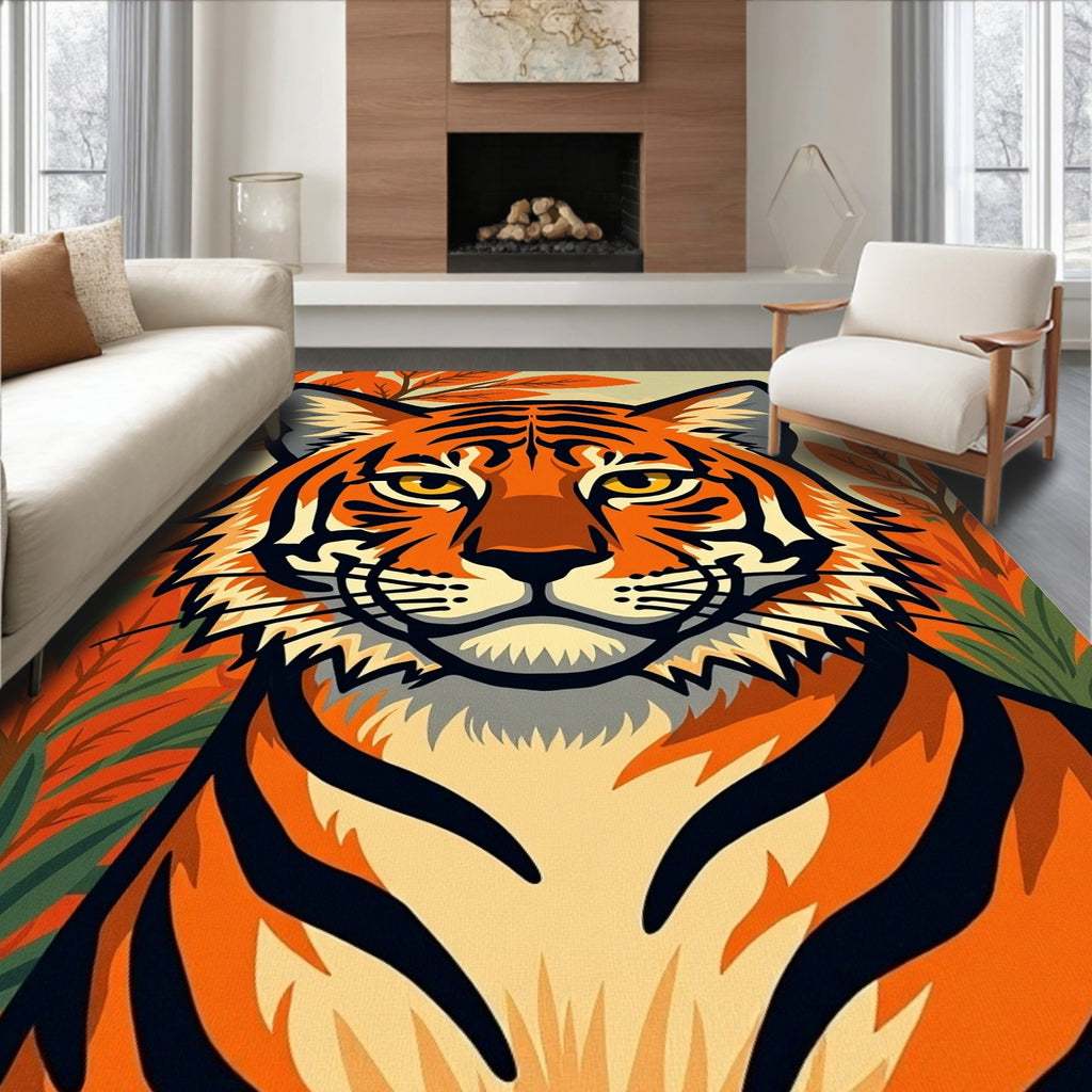 Bold Orange Tiger Majestic Jungle Scene Rug