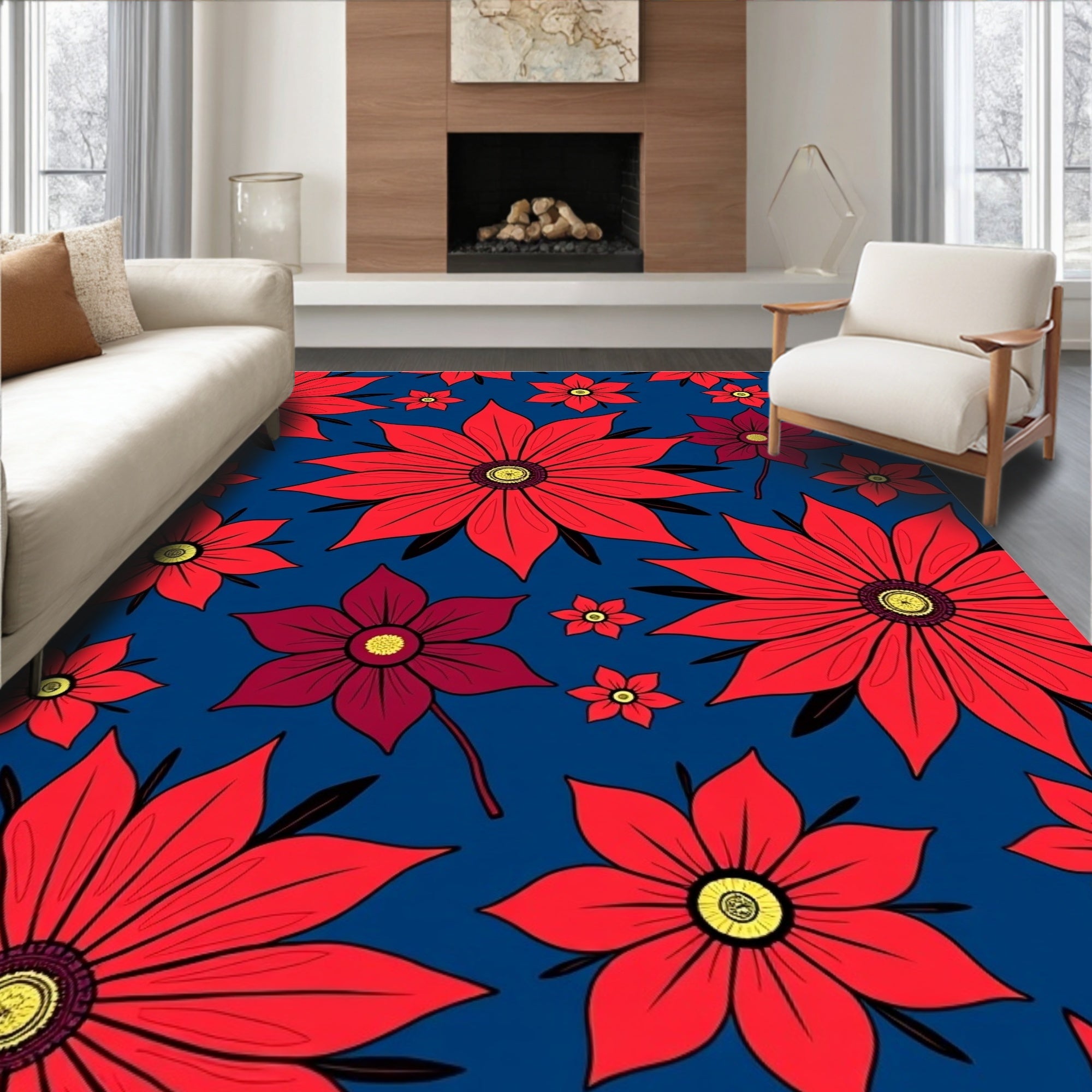 Bright Red Floral Collage Navy Rug