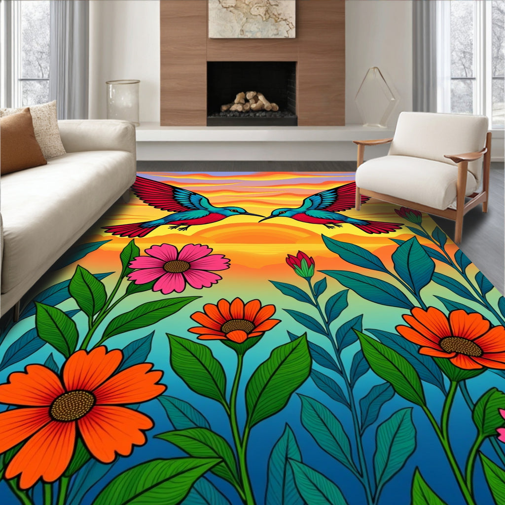 Two Hummingbirds Amongst Colorful Blooms Rug