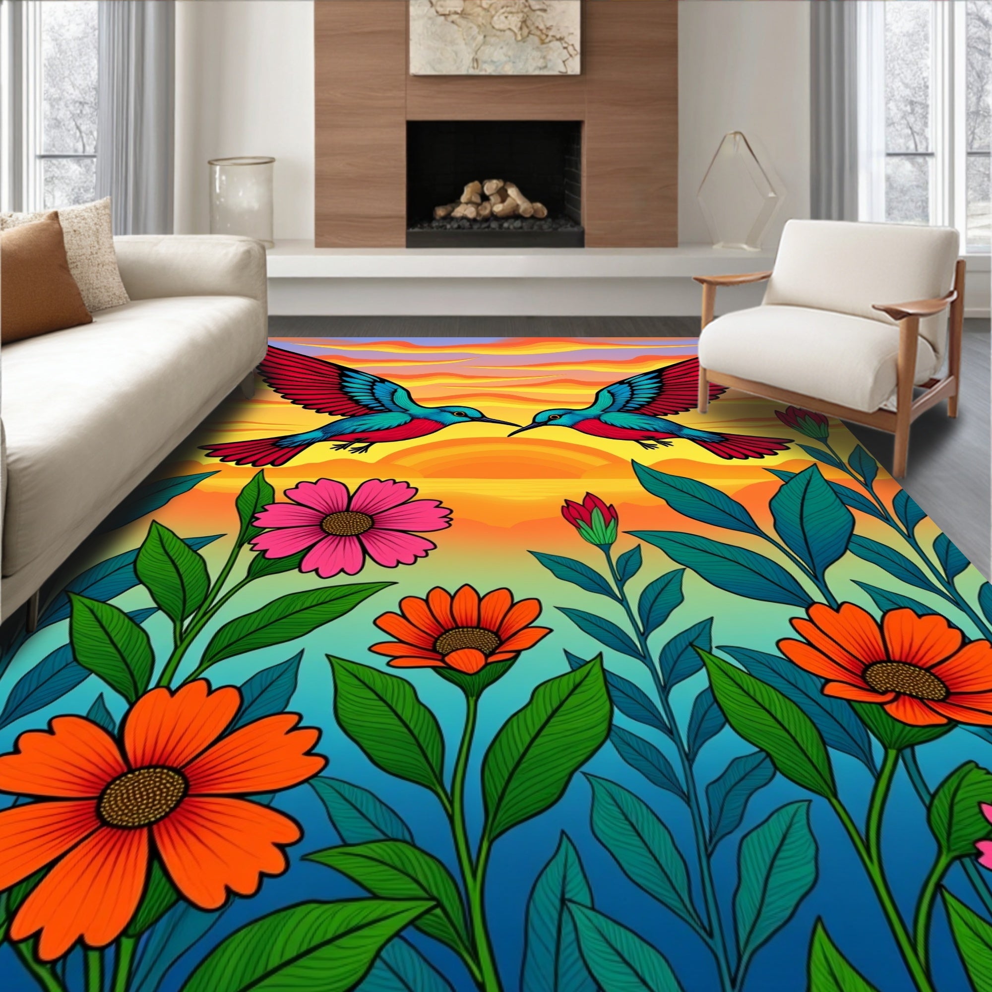 Two Hummingbirds Amongst Colorful Blooms Rug