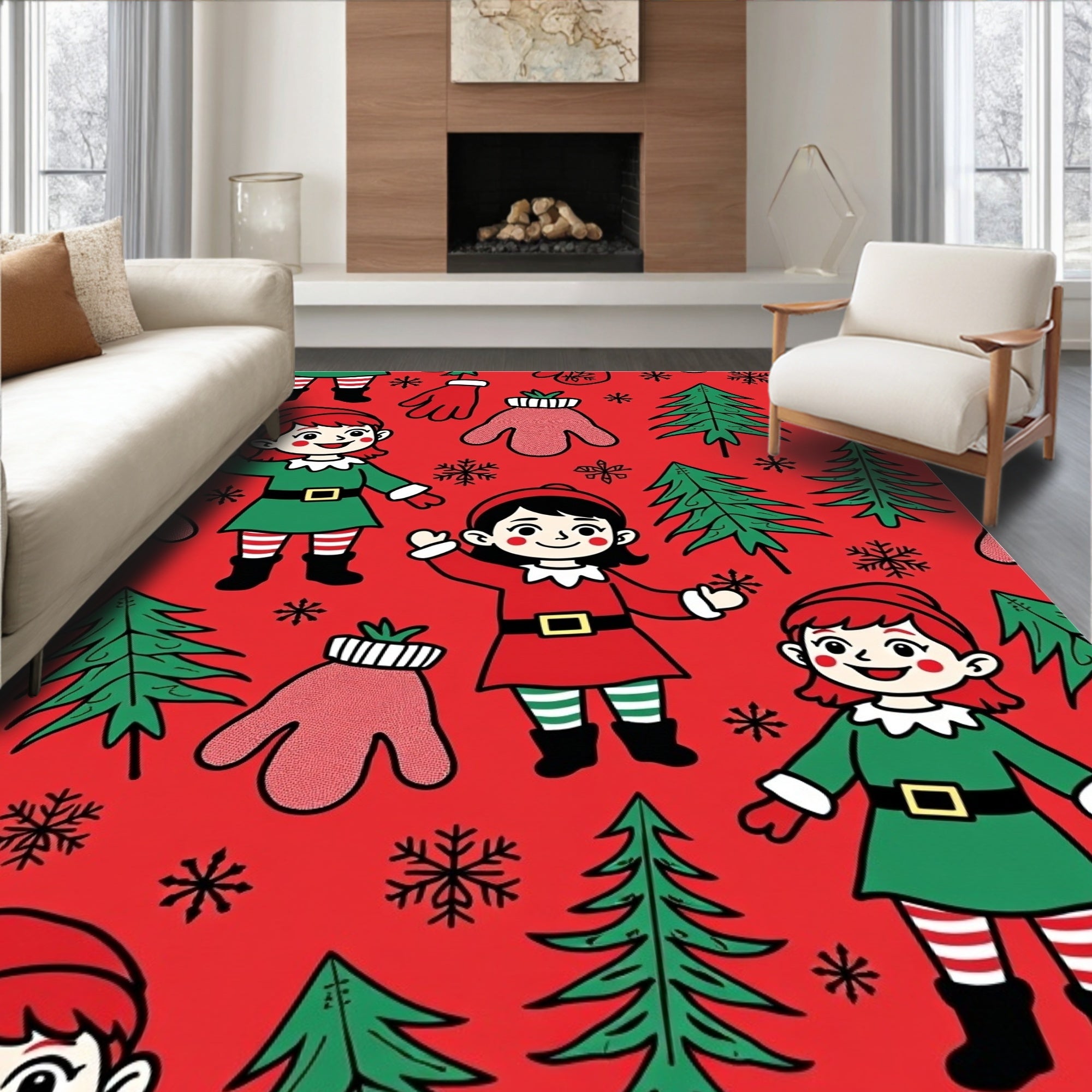 Christmas Elf Merry Trees Snowflakes Mittens Rug
