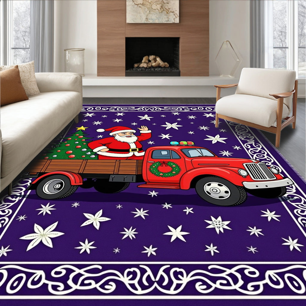 Whimsical Santa Red Truck Snowflakes Rug