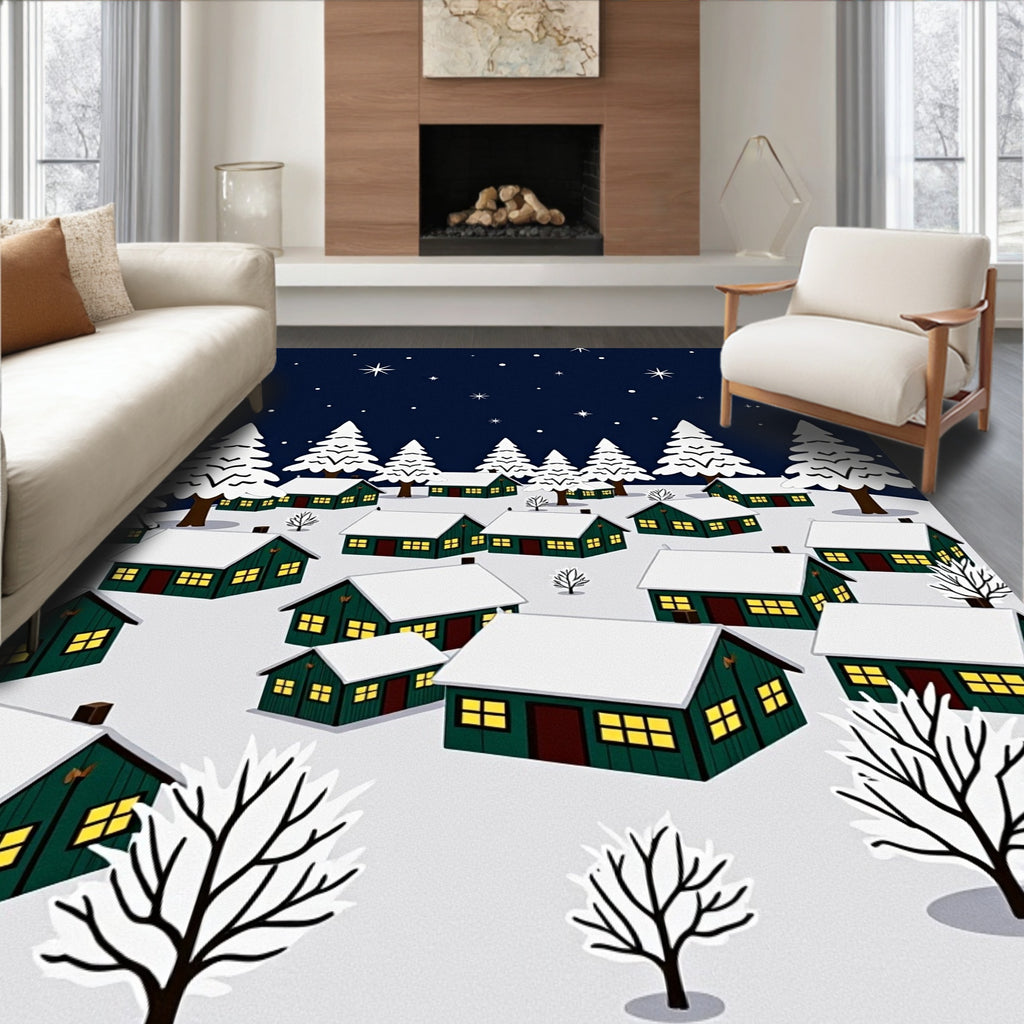 Winter Village Snowy Night Illustration Rug