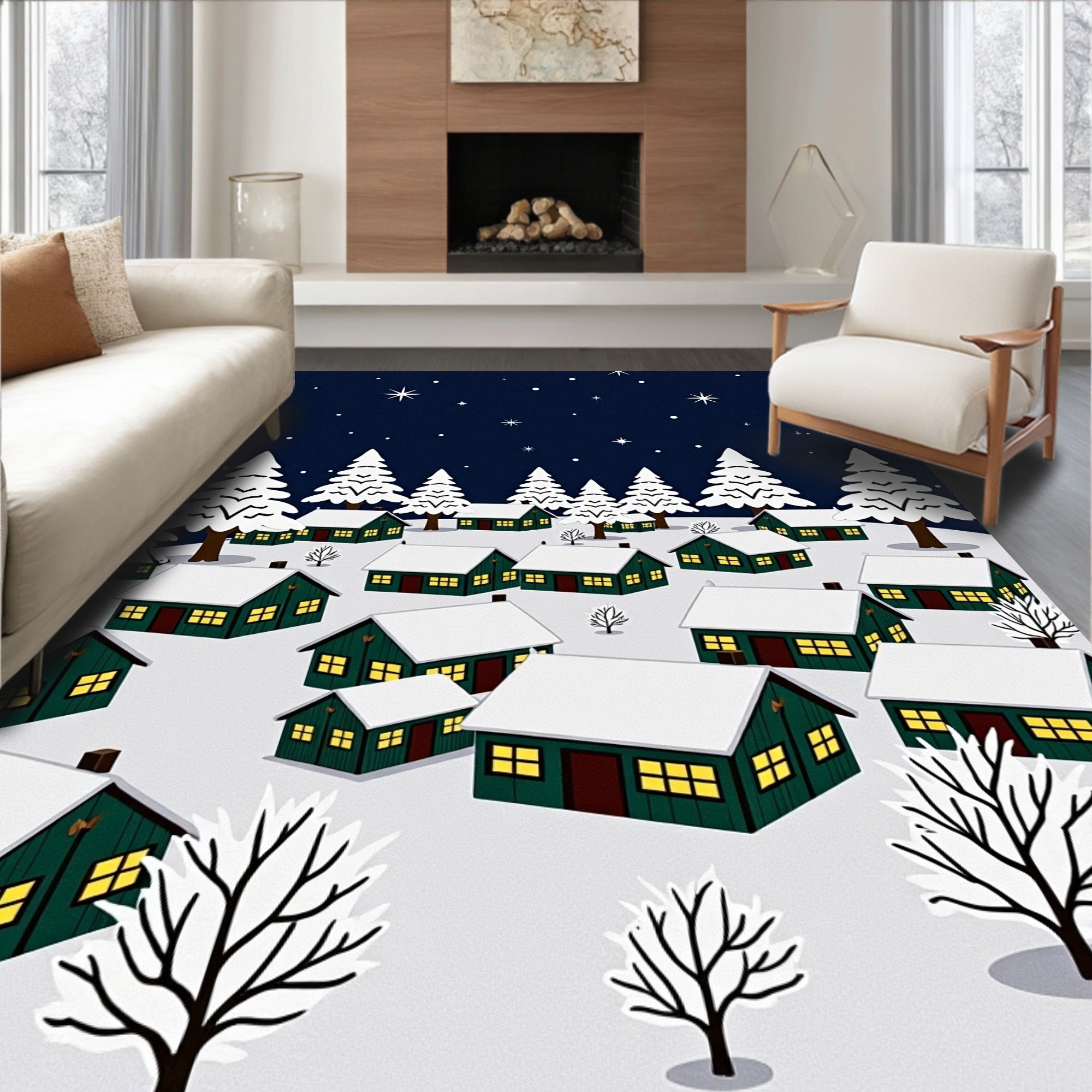 Winter Village Snowy Night Illustration Rug
