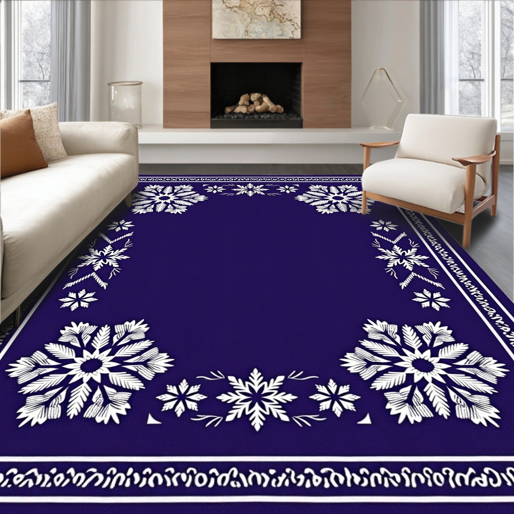 Deep Blue Snowflake Mandala Frame Rug