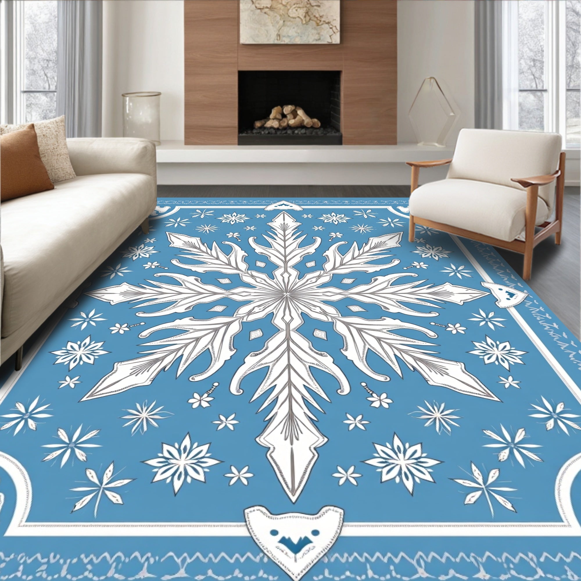 Winter Blue Snowflake Mandala Rug