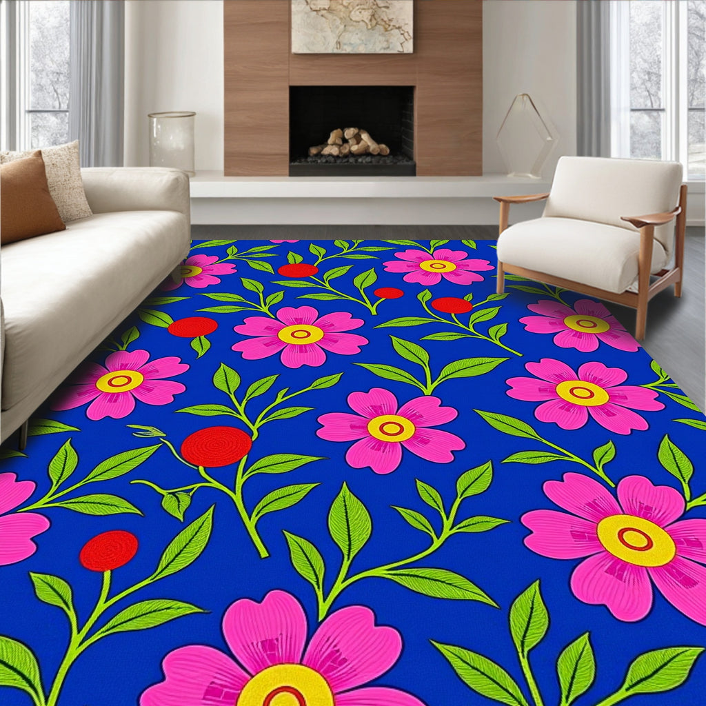 Vibrant Pink Floral Leafy Vine Rug