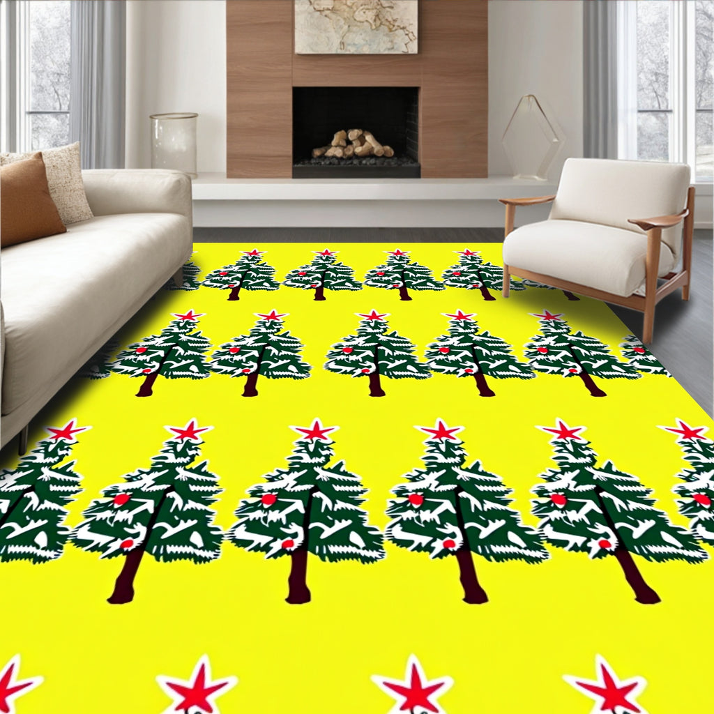 Festive Green Christmas Trees Red Stars Rug