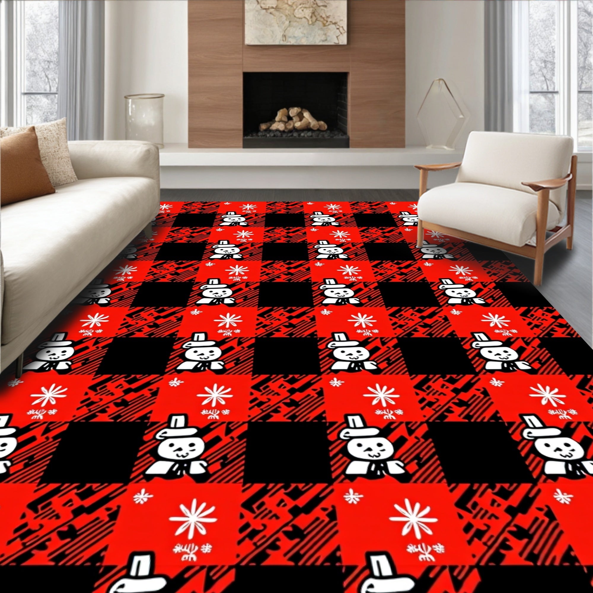 Red Black Buffalo Plaid Snowman Winter Rug