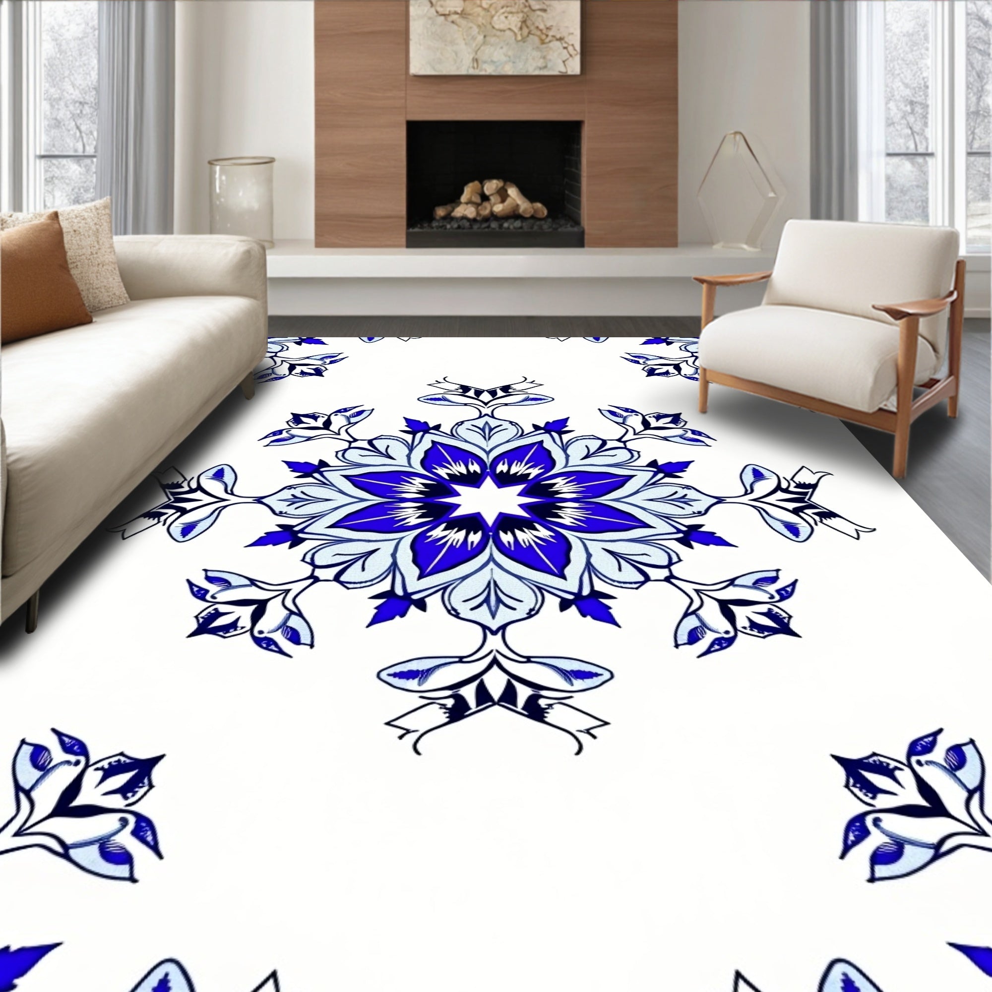 Deep Blue Radial Floral Medallion Rug