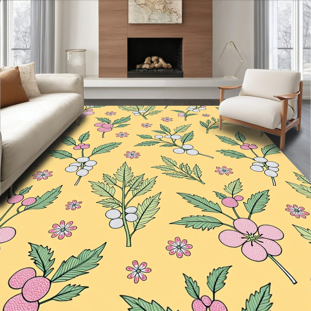 Pink Floral Berry Branches Yellow Background Rug