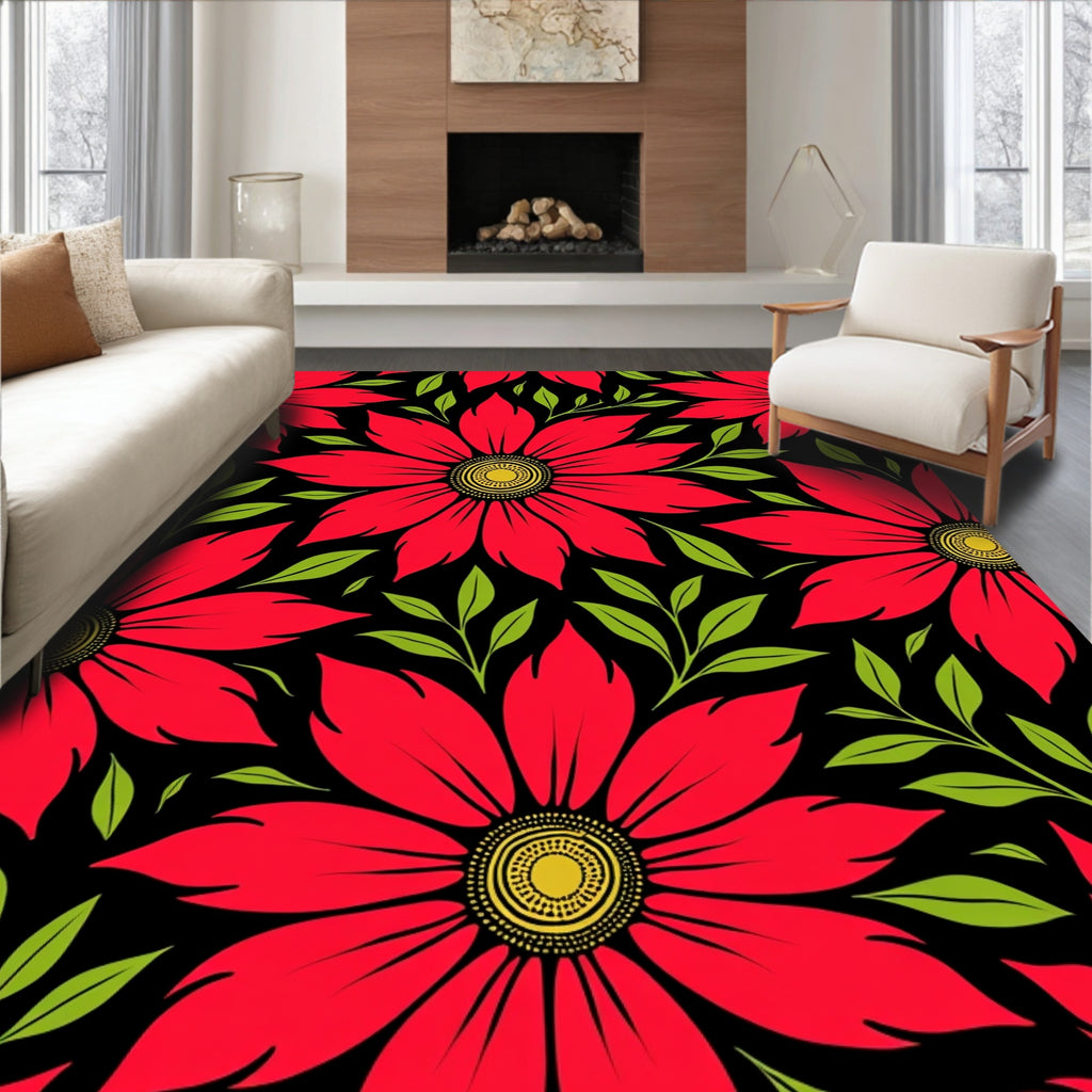 Vibrant Red Floral Black Background Rug