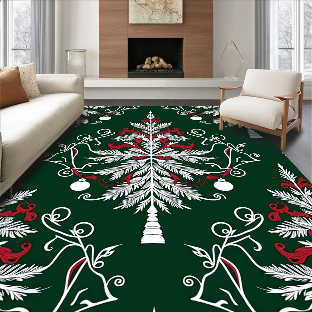 Festive Red White Evergreen Ornaments Rug