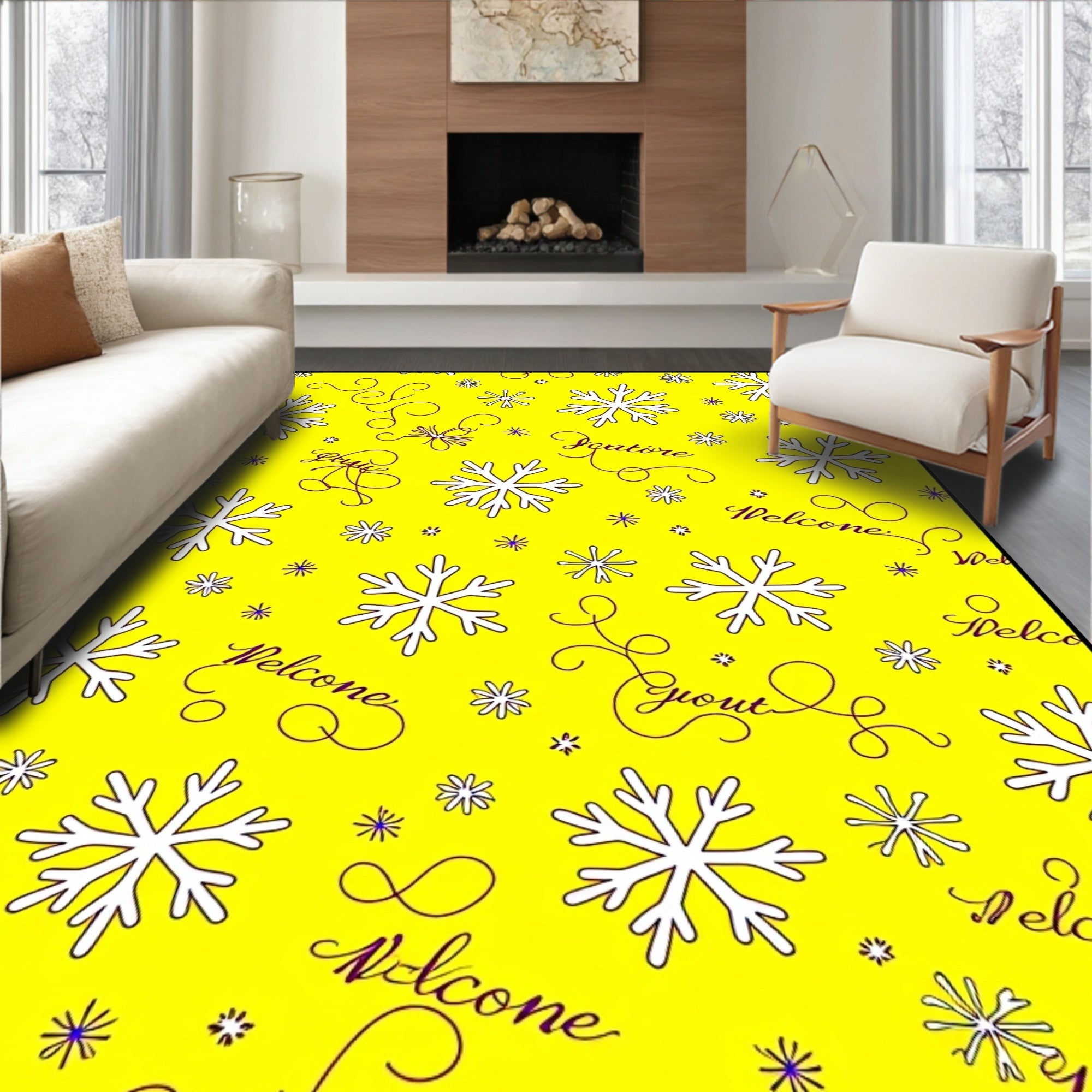 Bright Yellow Snowflake Welcome Rug