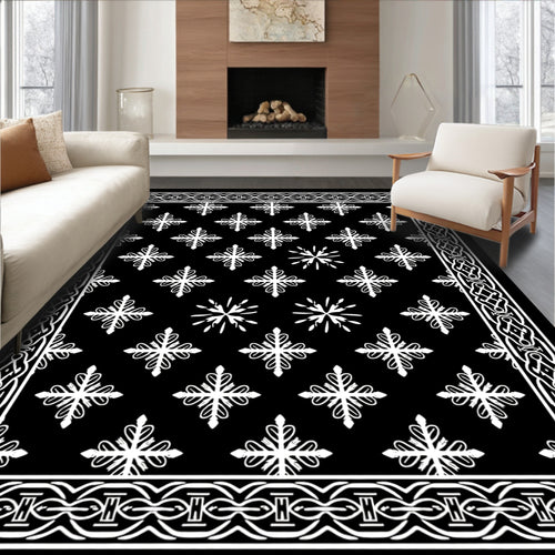 Black White Snowflake Border Medallion Rug