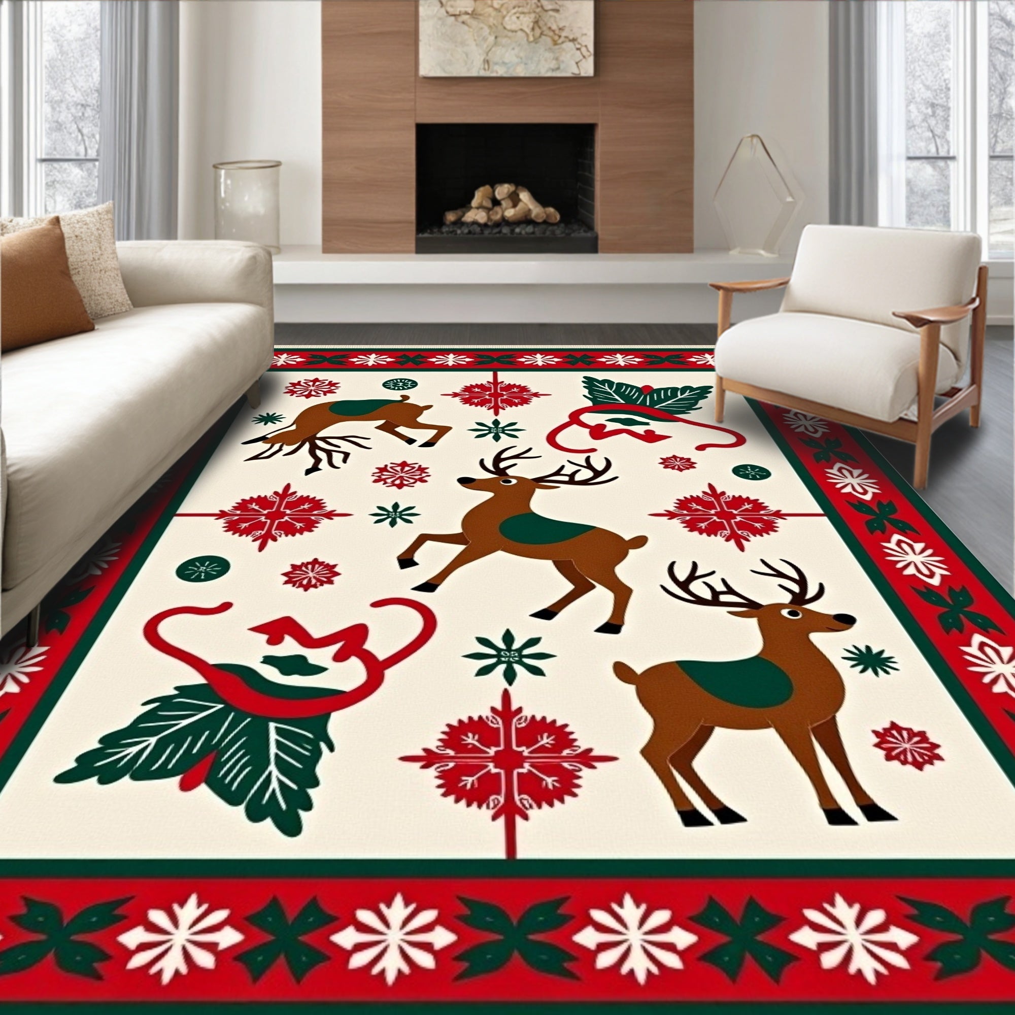 Christmas Reindeer Snowflakes Red Green Rug