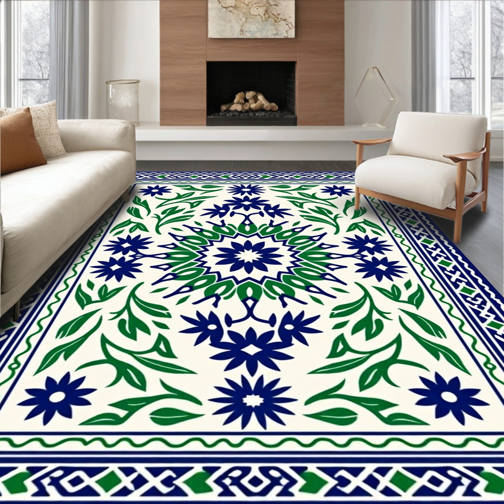 Navy Green Floral Medallion Border Rug