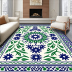 Navy Green Floral Medallion Border Rug