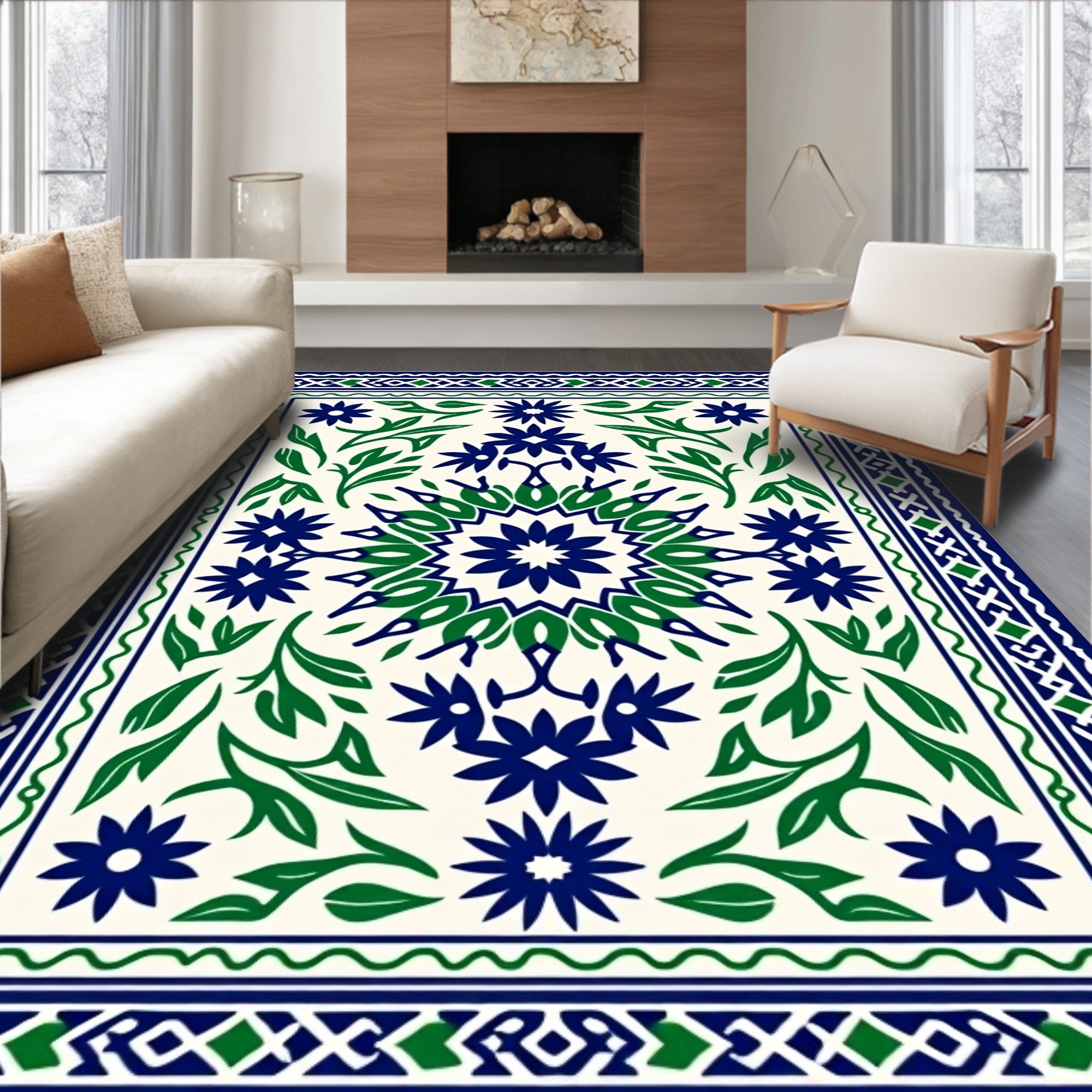 Navy Green Floral Medallion Border Rug