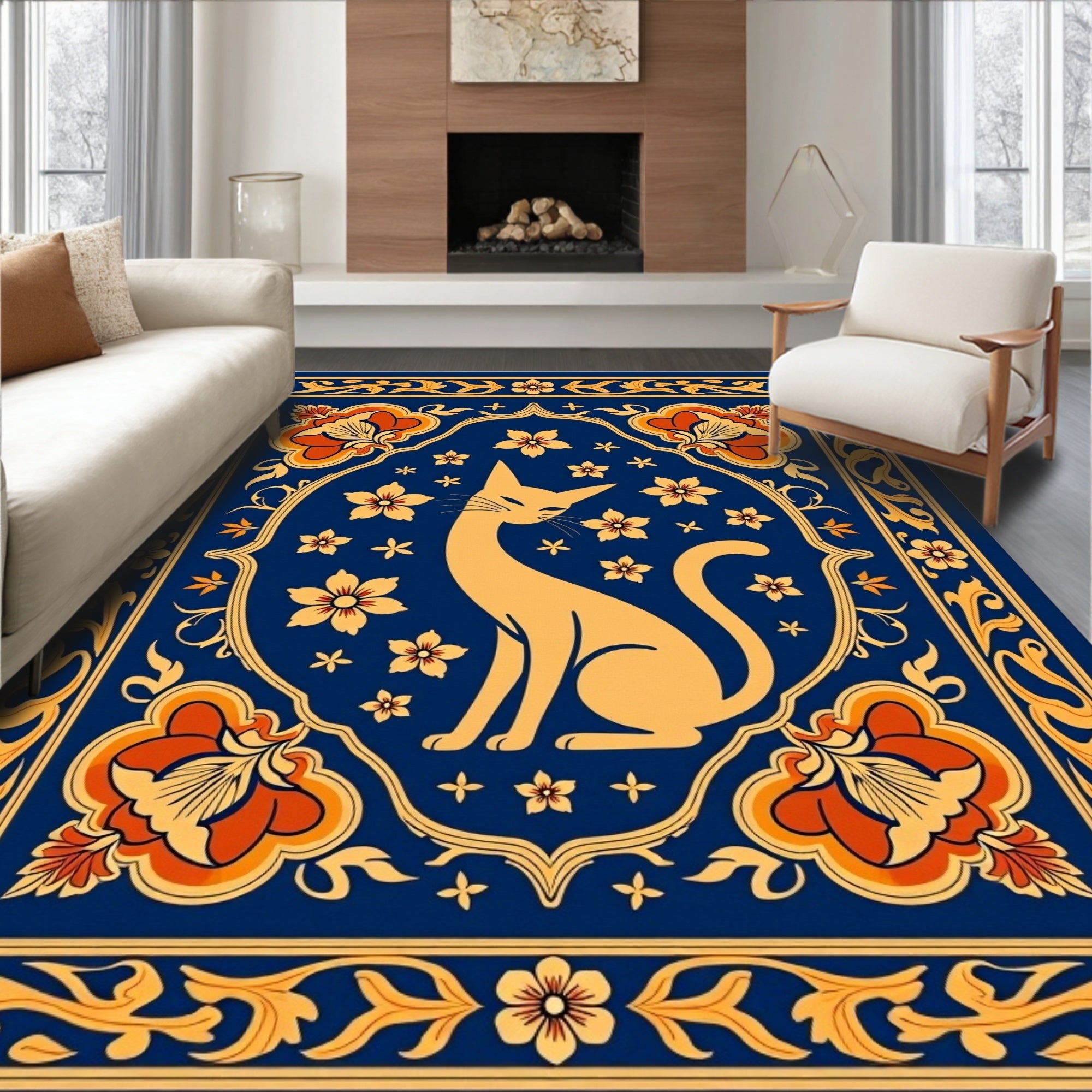 Golden Feline Floral Medallion Rug