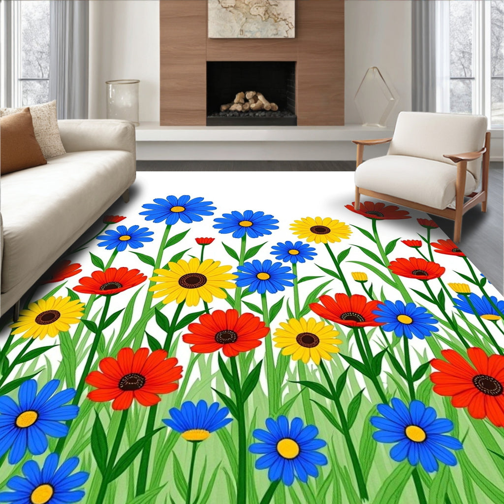 Field of Red Blue Yellow Flowers Rug