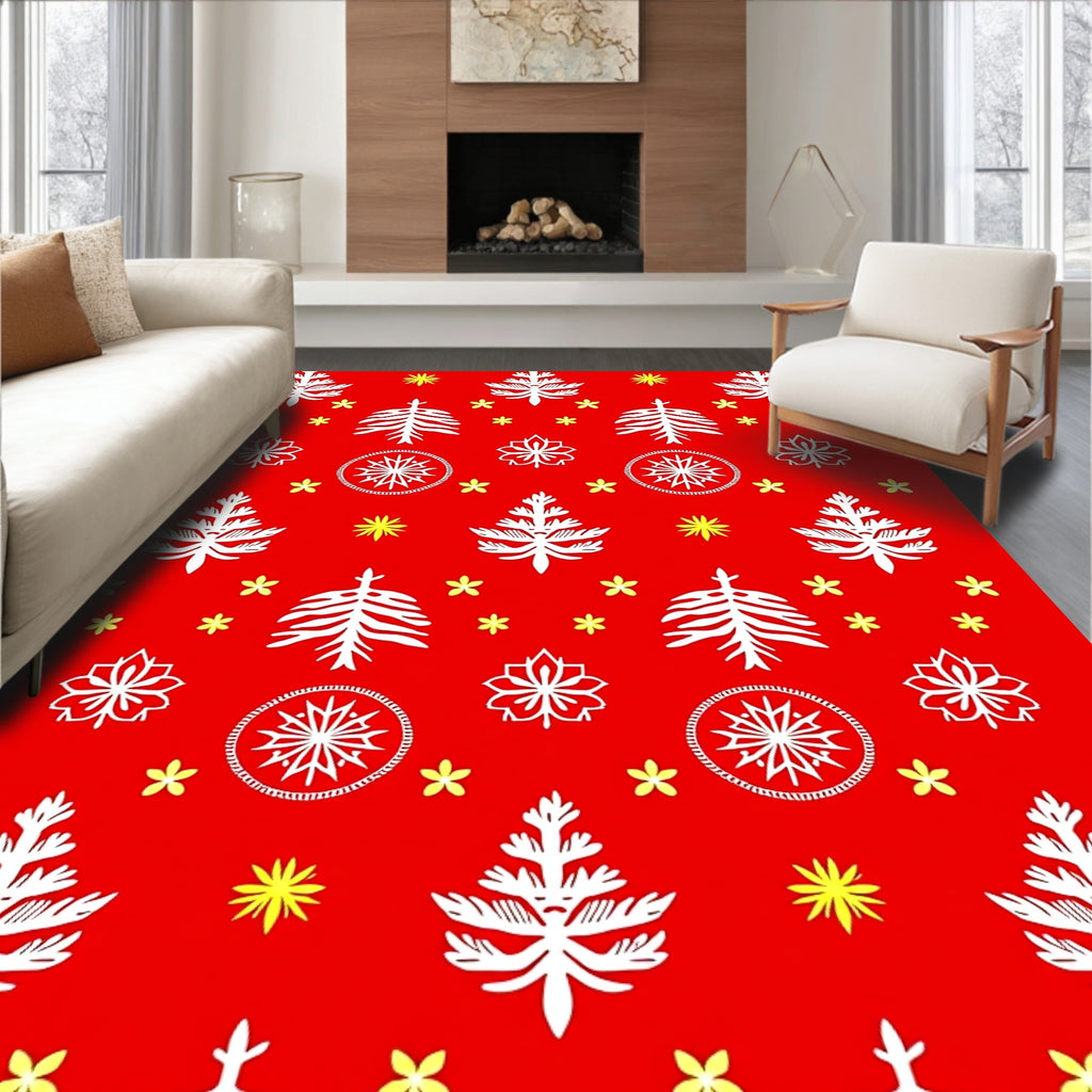 Red White Christmas Tree Snowflakes Burst Rug
