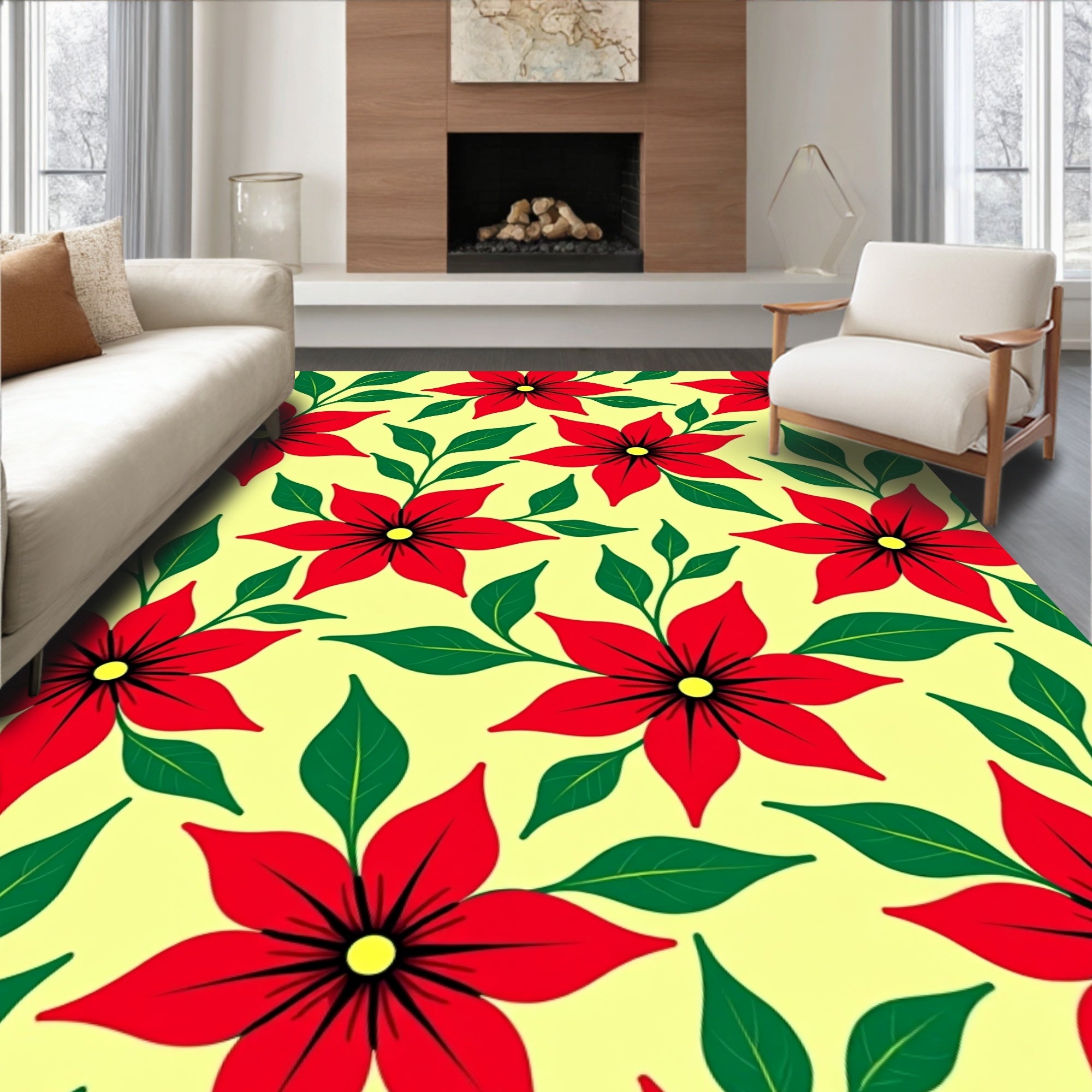 Vibrant Red Petal Floral Branches Rug