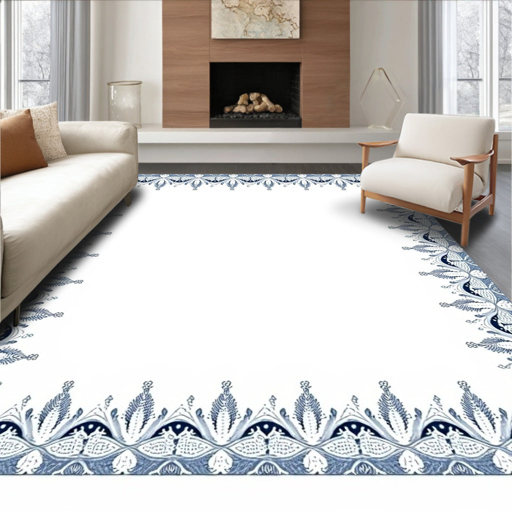 Classic Blue White Filigree Border Rug