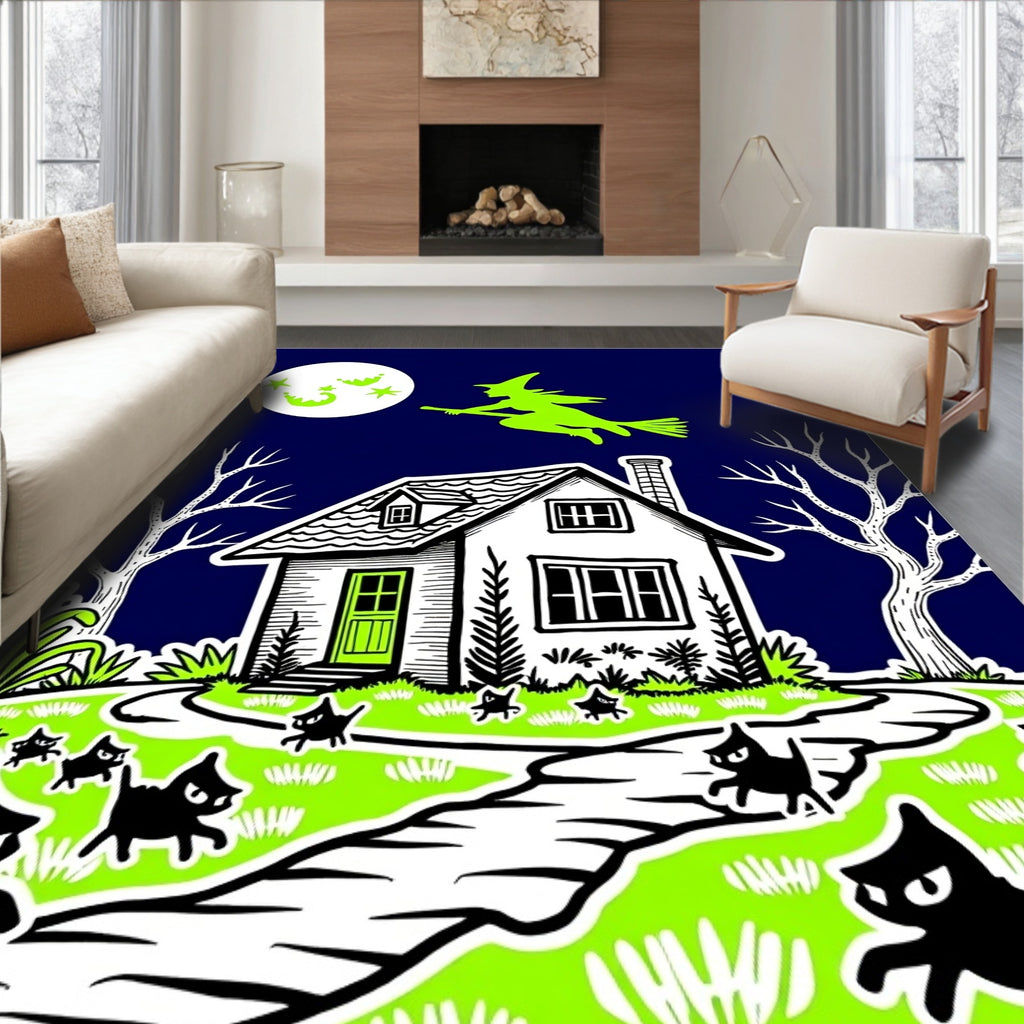 Nighttime Witch and Black Cat House Scene Rug