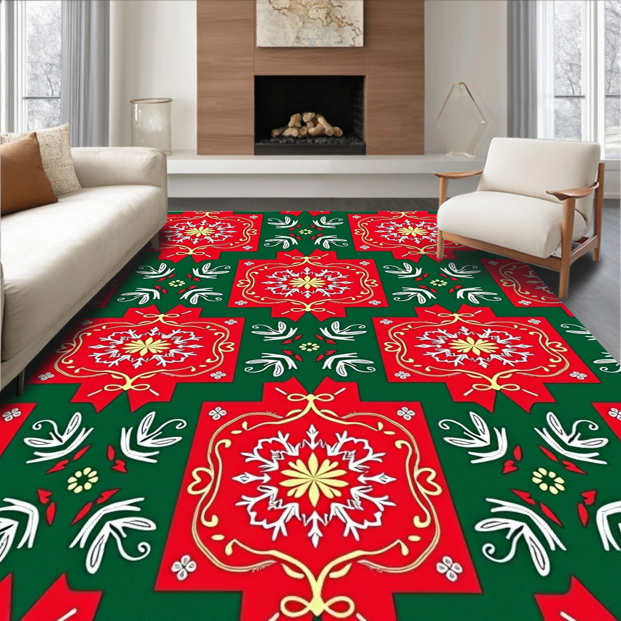Crimson White Yellow Floral Medallion Rug